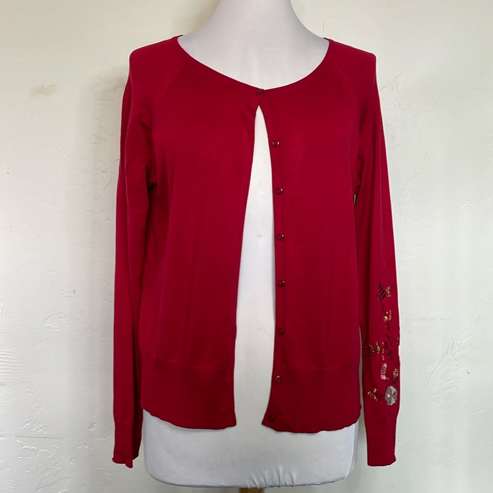 August Silk Knits Red Cartigan Embroidery Sequins Sleeve Back Floral Designs